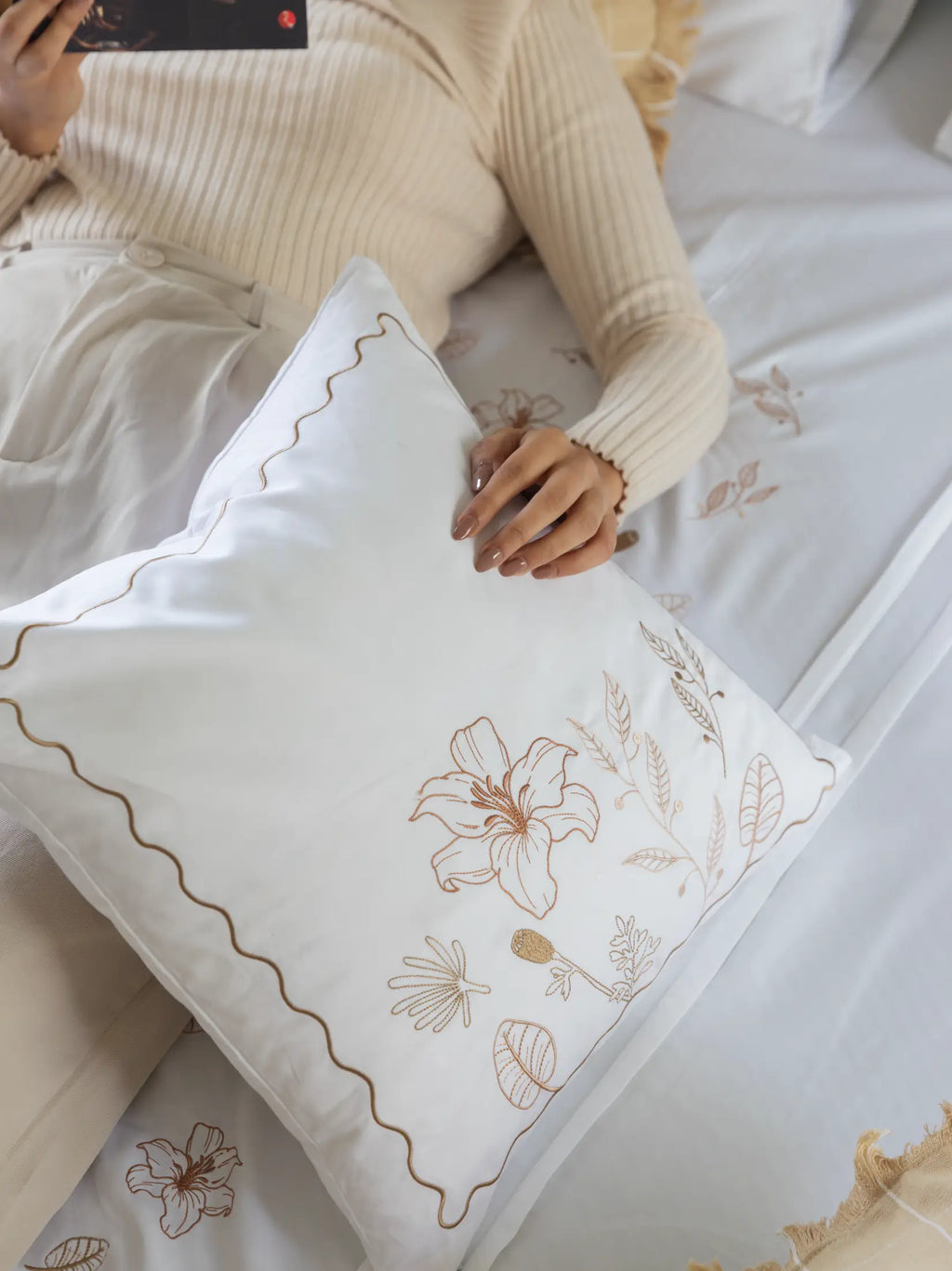 Autumn Petal Scallop Embroidered Cushion Cover – alternate view