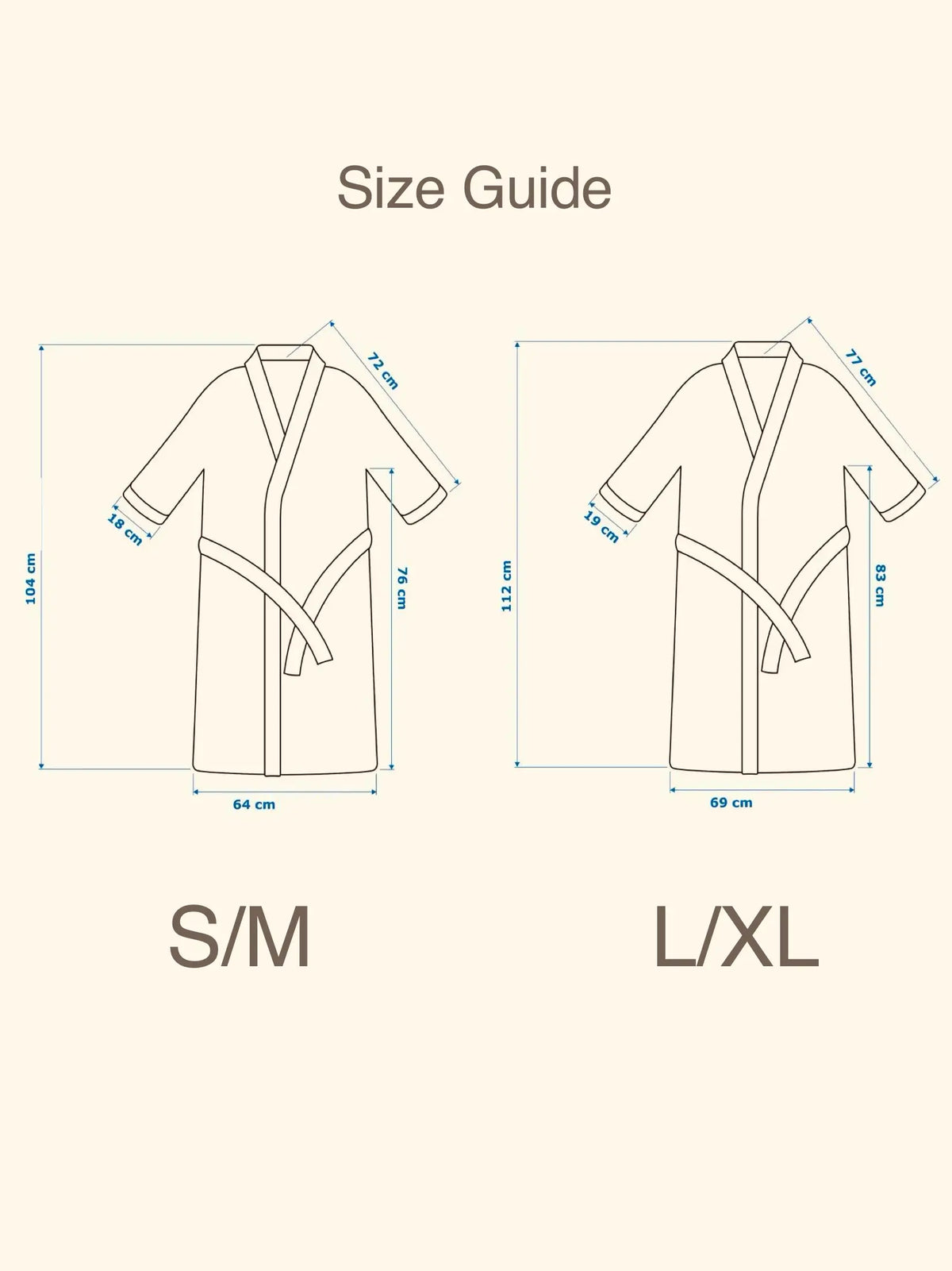 Bath robe size guide: S/M is 104 cm long, 64 cm wide and 72 cm shoulder-to-cuff, with additional 76 cm and 18 cm measurements; L/XL is 112 cm long, 69 cm wide and 77 cm shoulder-to-cuff, with additional 83 cm and 19 cm measurements