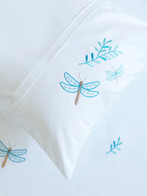 Blue Dasher floral embroidered 500TC cotton bedsheet set