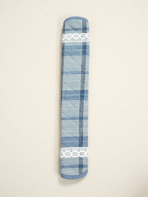 Long blue plaid handle cover with white lace bands and blue edging