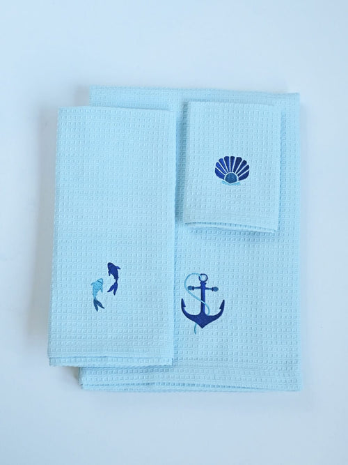Malabar Coast Blue Waffle Towel Set - Bath, Hand & Face Towel