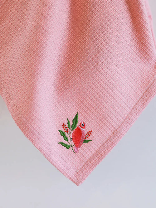 pink waffle bath towel set with embroidery