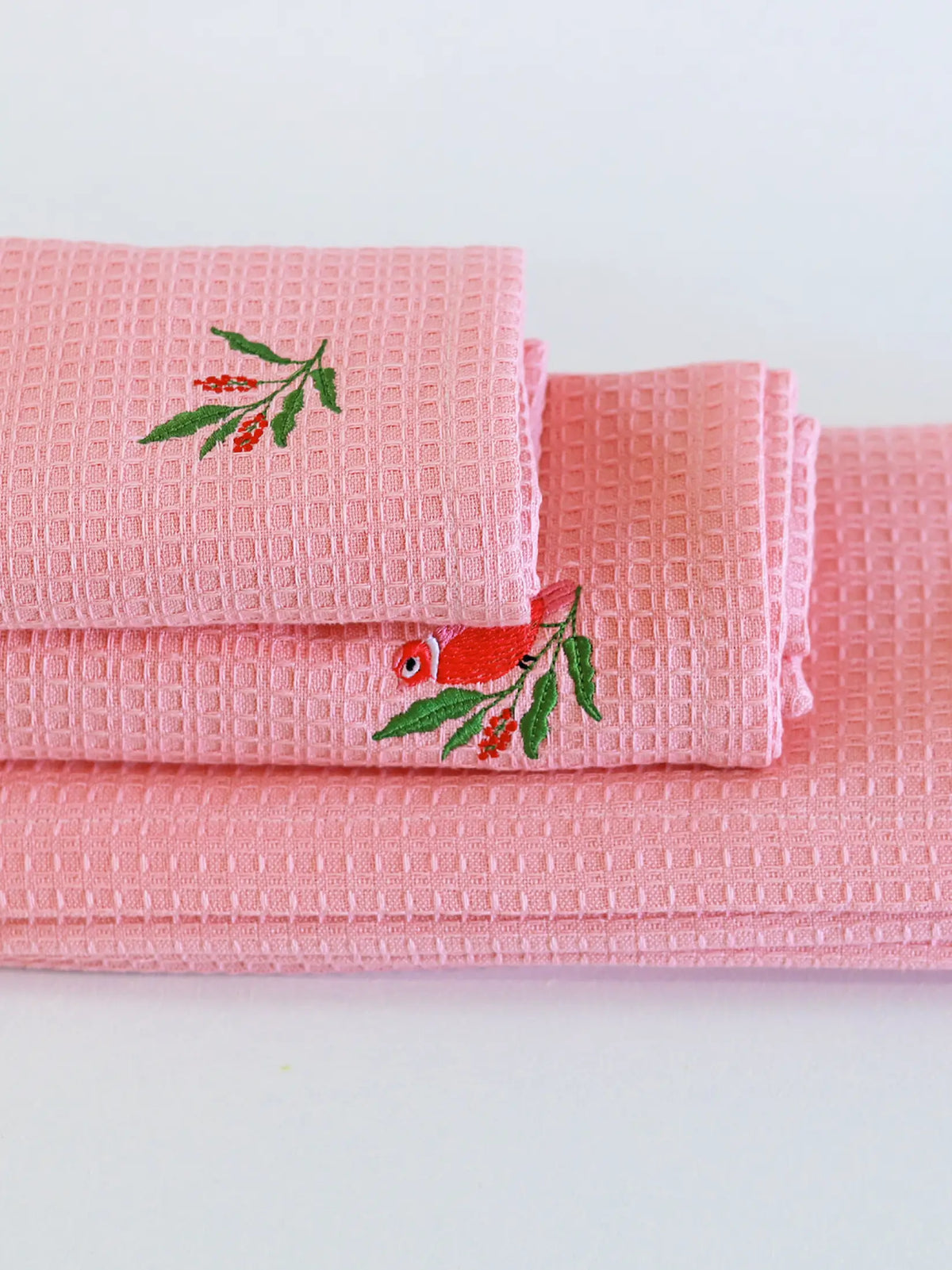 pink waffle bath towel set with embroidery