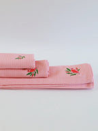 pink waffle bath towel set with embroidery