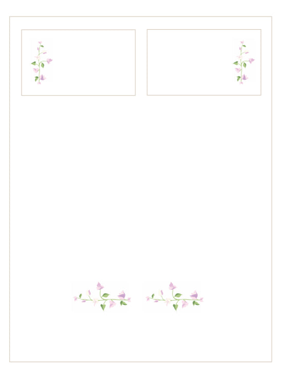 Layout illustration of a white bed sheet and two pillowcases with pink bougainvillea embroidery