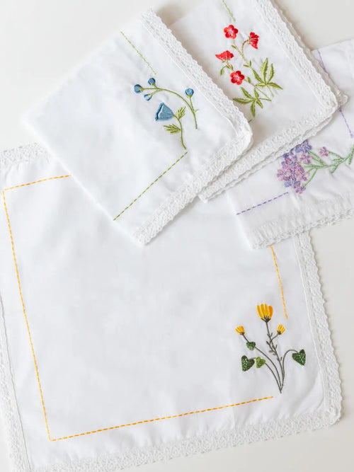 Bouquet Corners embroidered cotton handkerchief set of four