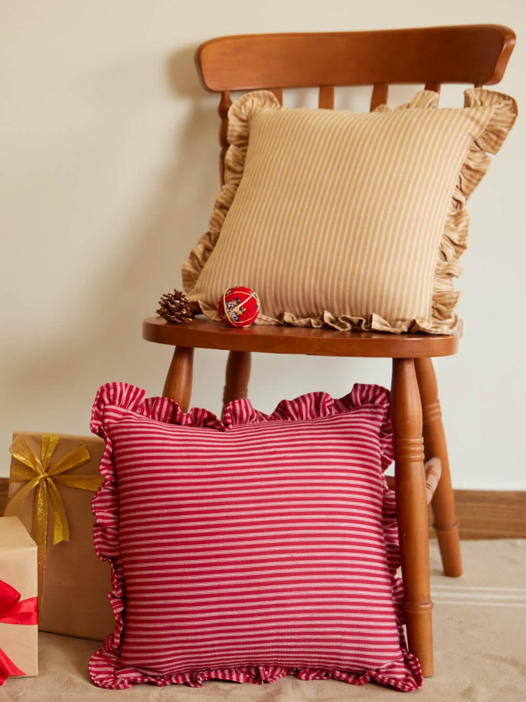 Classic Beige Pinstripe Ticking Cushion Cover – alternate view