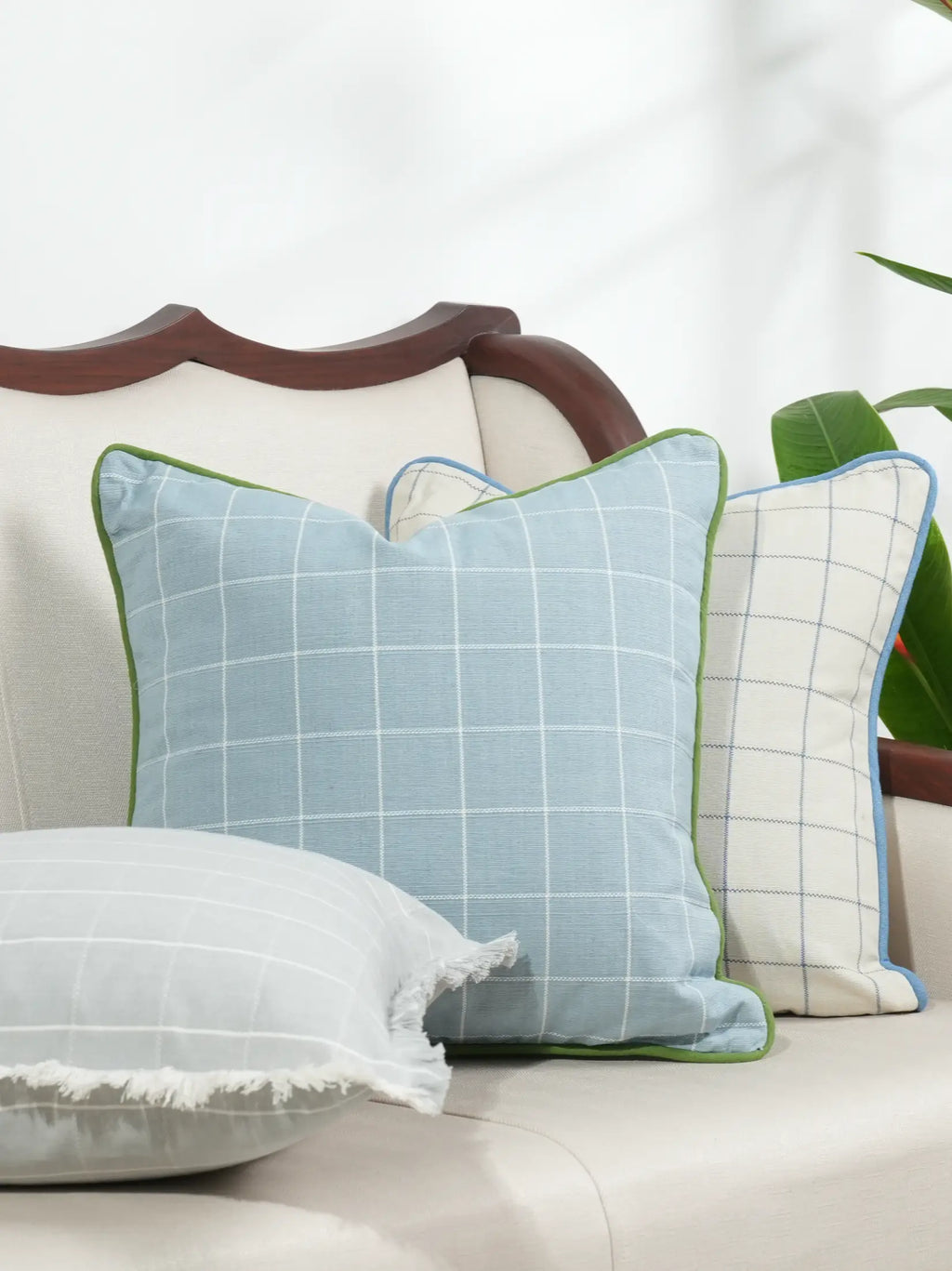 Cloud Blue Checkered Cushion Cover – alternate view