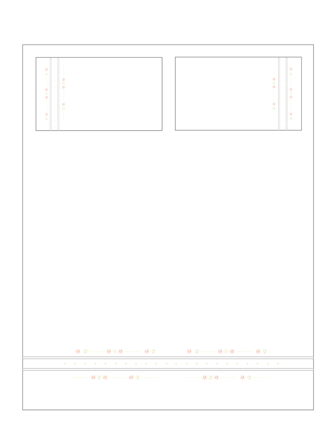 Layout illustration of a bed sheet and two pillowcases with floral embroidered borders