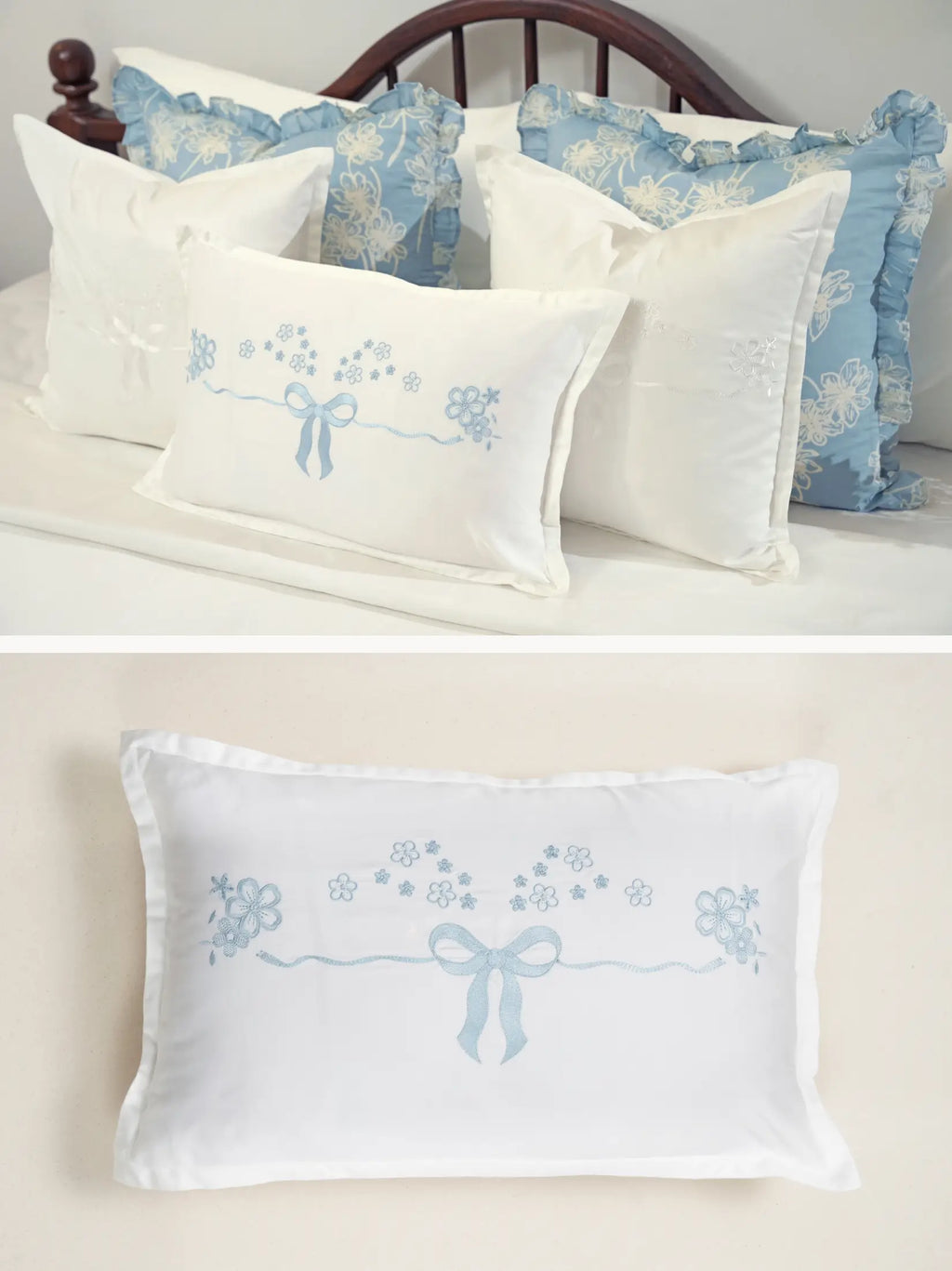 Composite view of a white cushion cover with pale blue bow and floral embroidery