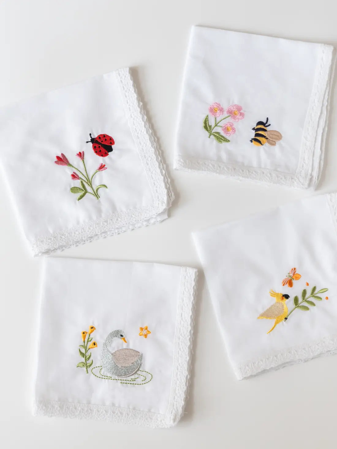 Garden Whimsy embroidered cotton handkerchief set of four