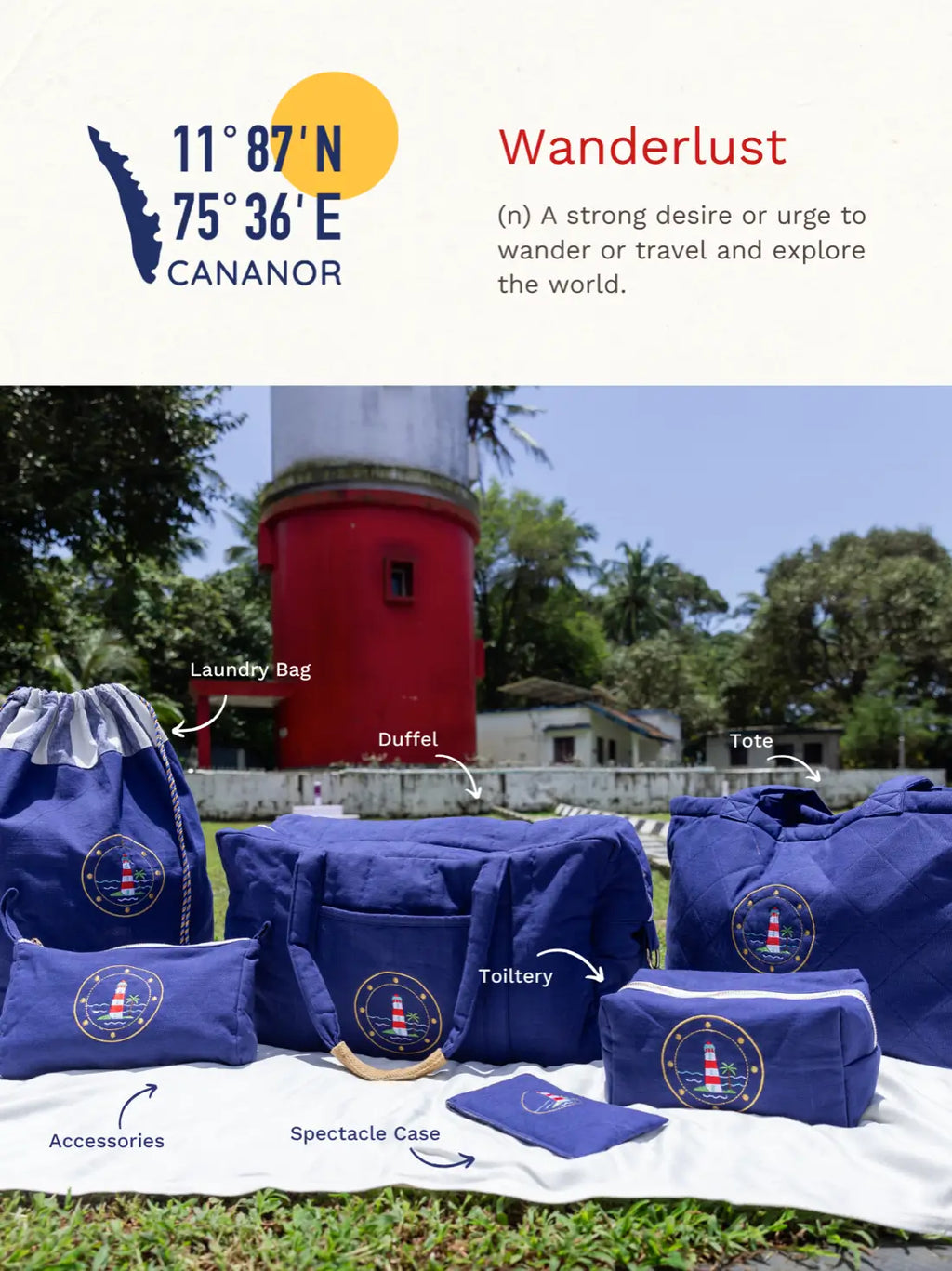 Cananor Wanderlust collection graphic showing labelled laundry, duffel, tote and toiletry bags, accessories and a spectacle case