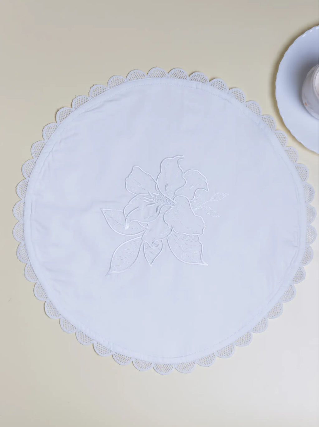 Ivory Bloom Embroidered Round Placemat