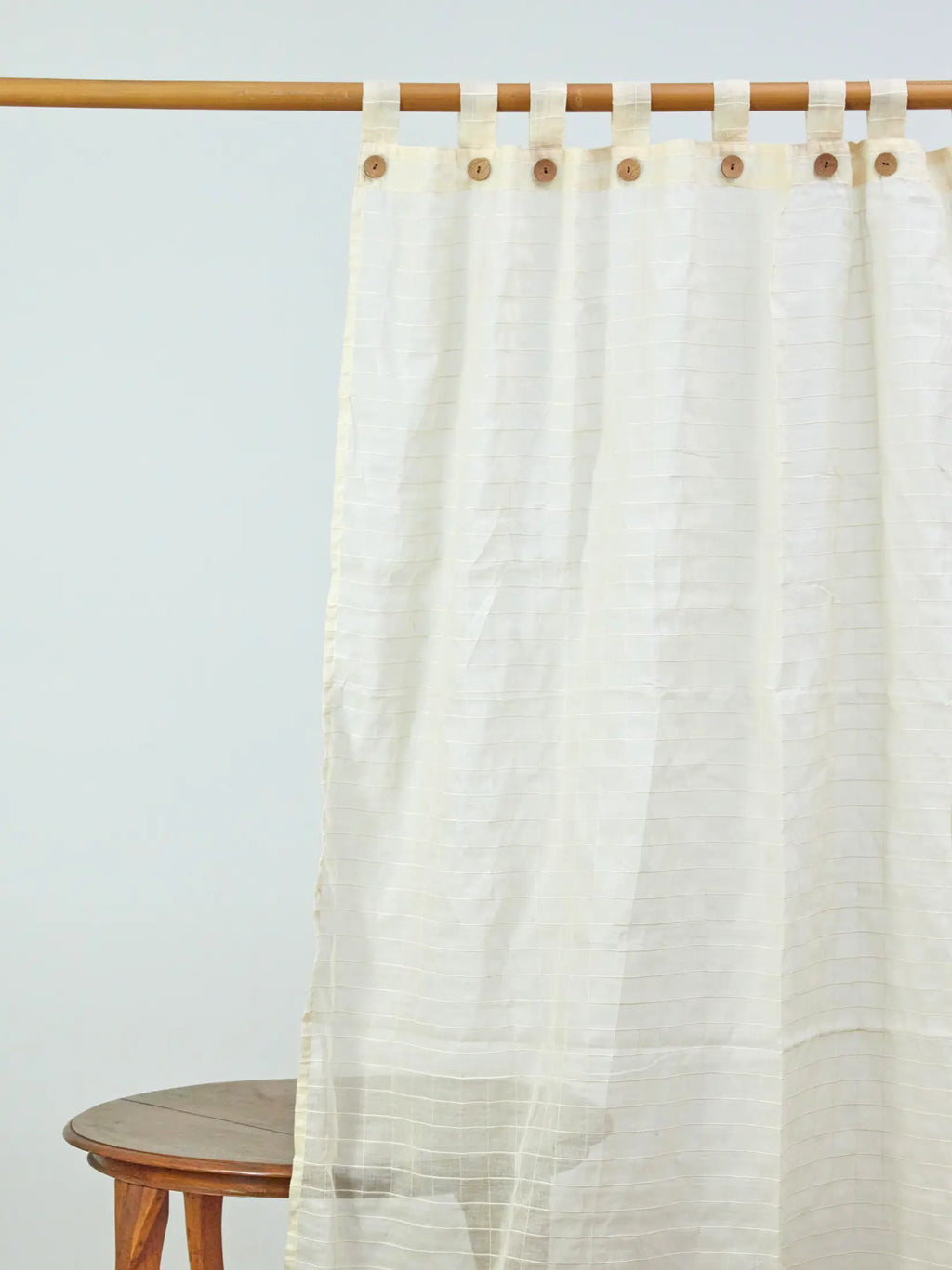 Ivory cream sheer checked curtain with fabric loops and wooden buttons