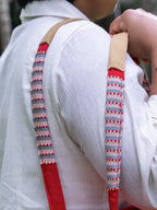 Close-up of the padded shoulder straps on a red and grey striped tote bag