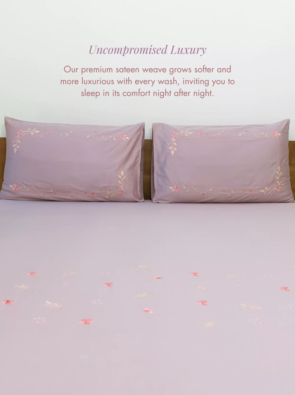 Mauve Bedsheet set with floral and vines embroidery
