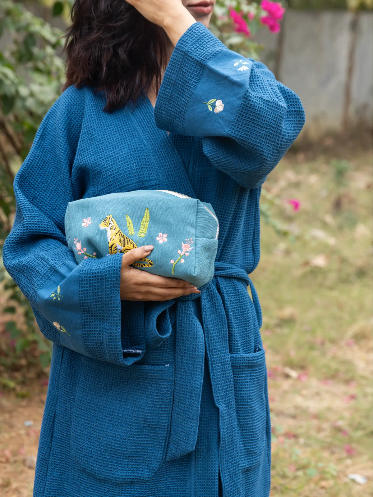 Nightfall Blue Cotton Waffle Unisex Bath Robe – alternate view