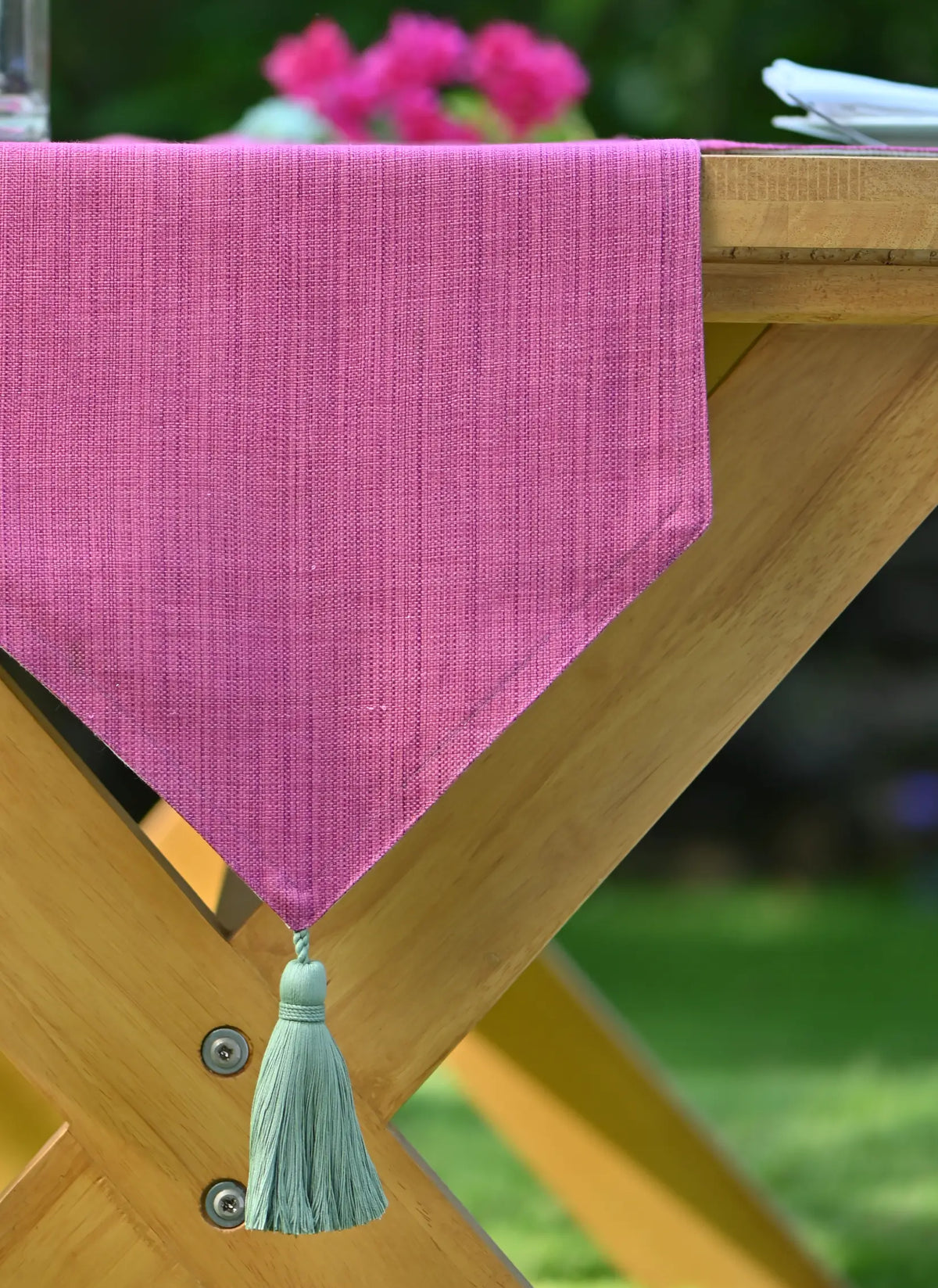 Pink Frangipani Handwoven Table Runner – alternate view