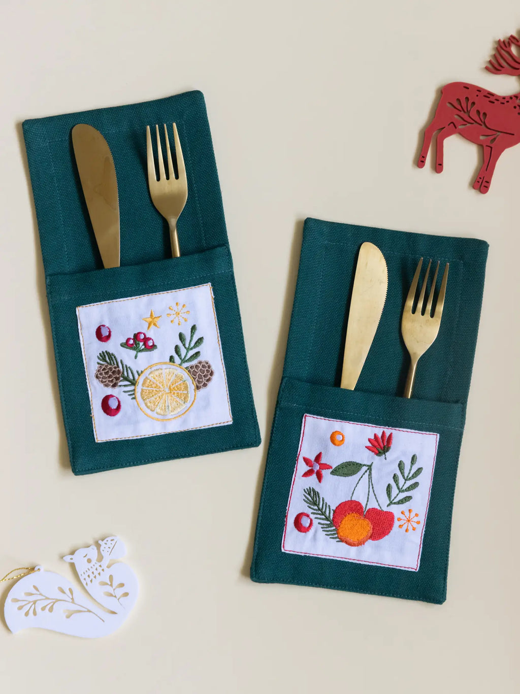 Spiced Cranberry Embroidered Cutlery Holders - Set of 2