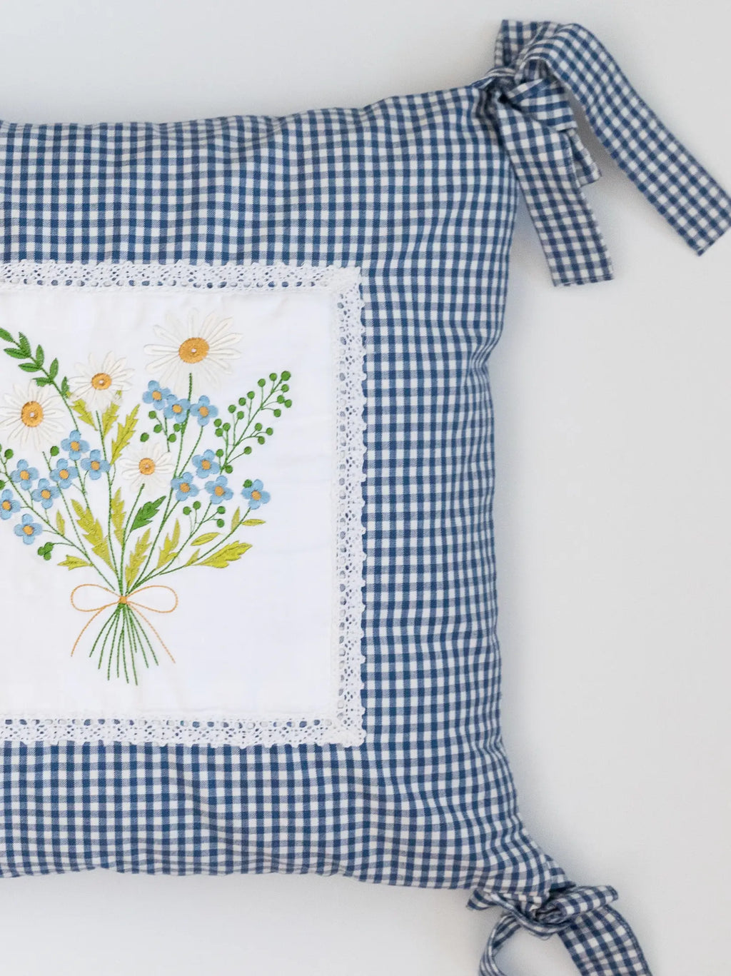 Spring Bouquet Blue Checks Cushion Cover – alternate view