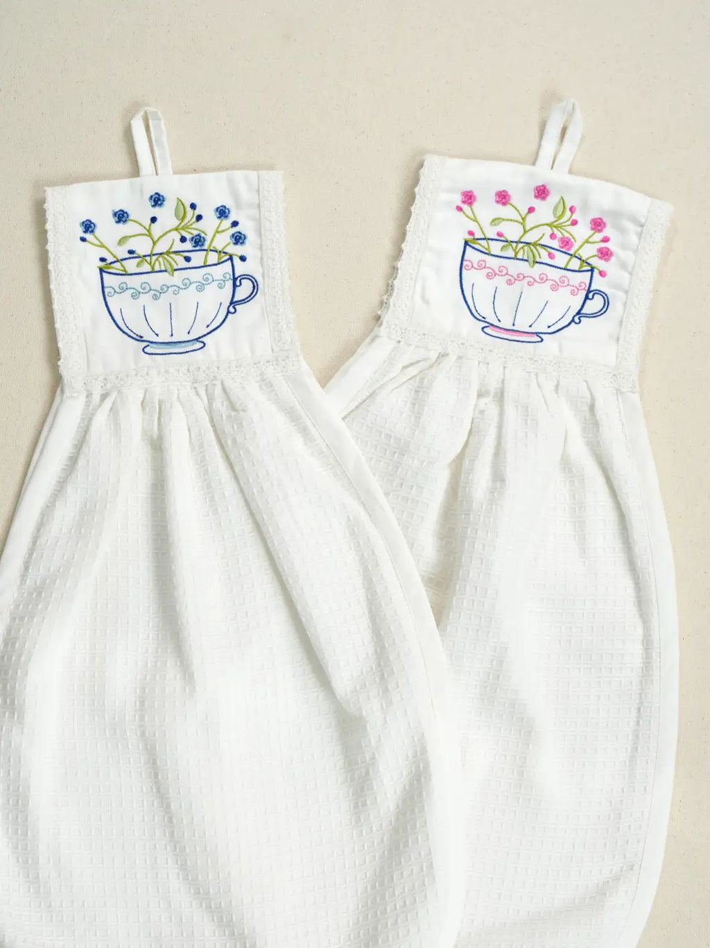 Teacup Garden Embroidered Hanging Hand Towels - Set of 2