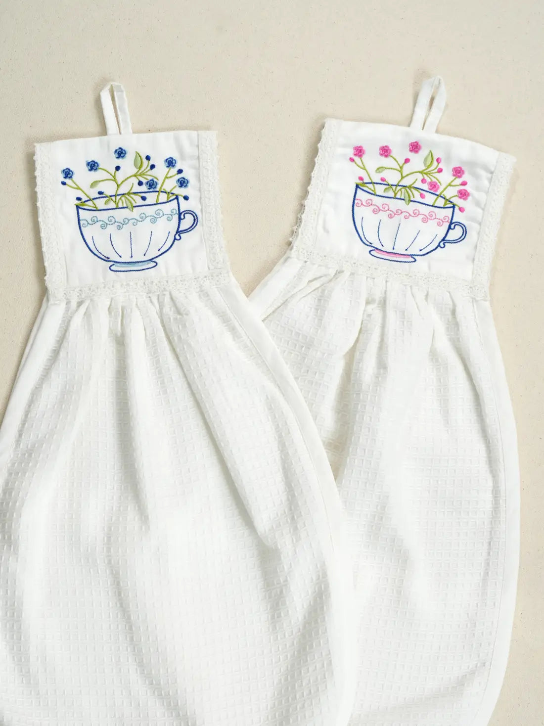 Teacup Garden Embroidered Hanging Hand Towels - Set of 2