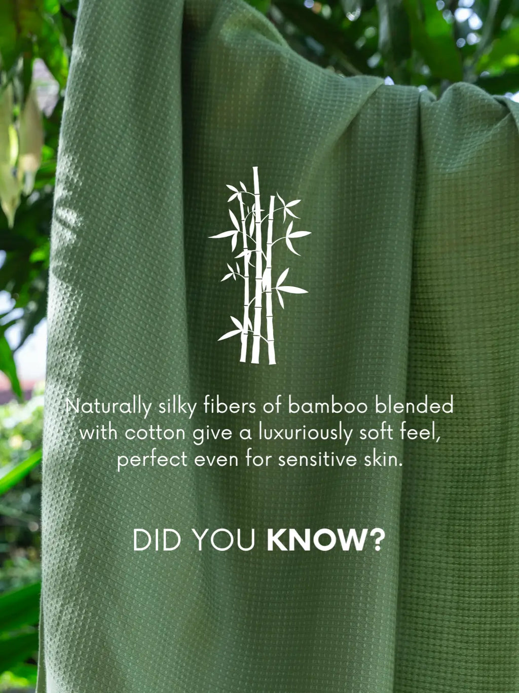 Olive green towel with text explaining that bamboo blended with cotton feels naturally silky and soft, including for sensitive skin