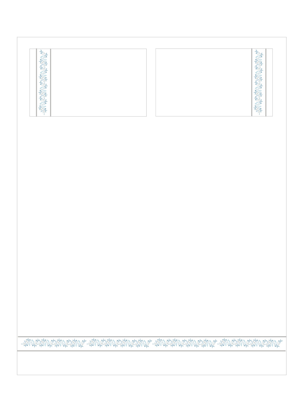 Layout illustration of a white bed sheet and two pillowcases with blue vine embroidered borders