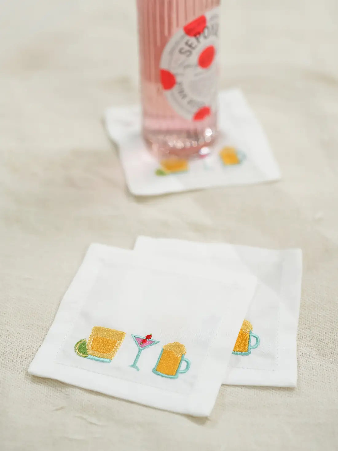 Happy Hour Embroidered Coasters – alternate view
