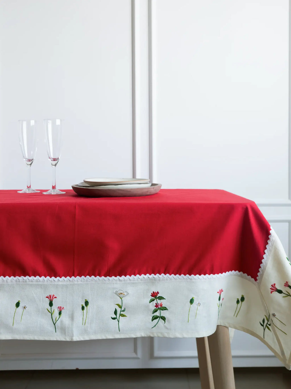 Wildflower Meadow Red Embroidered Table Cover