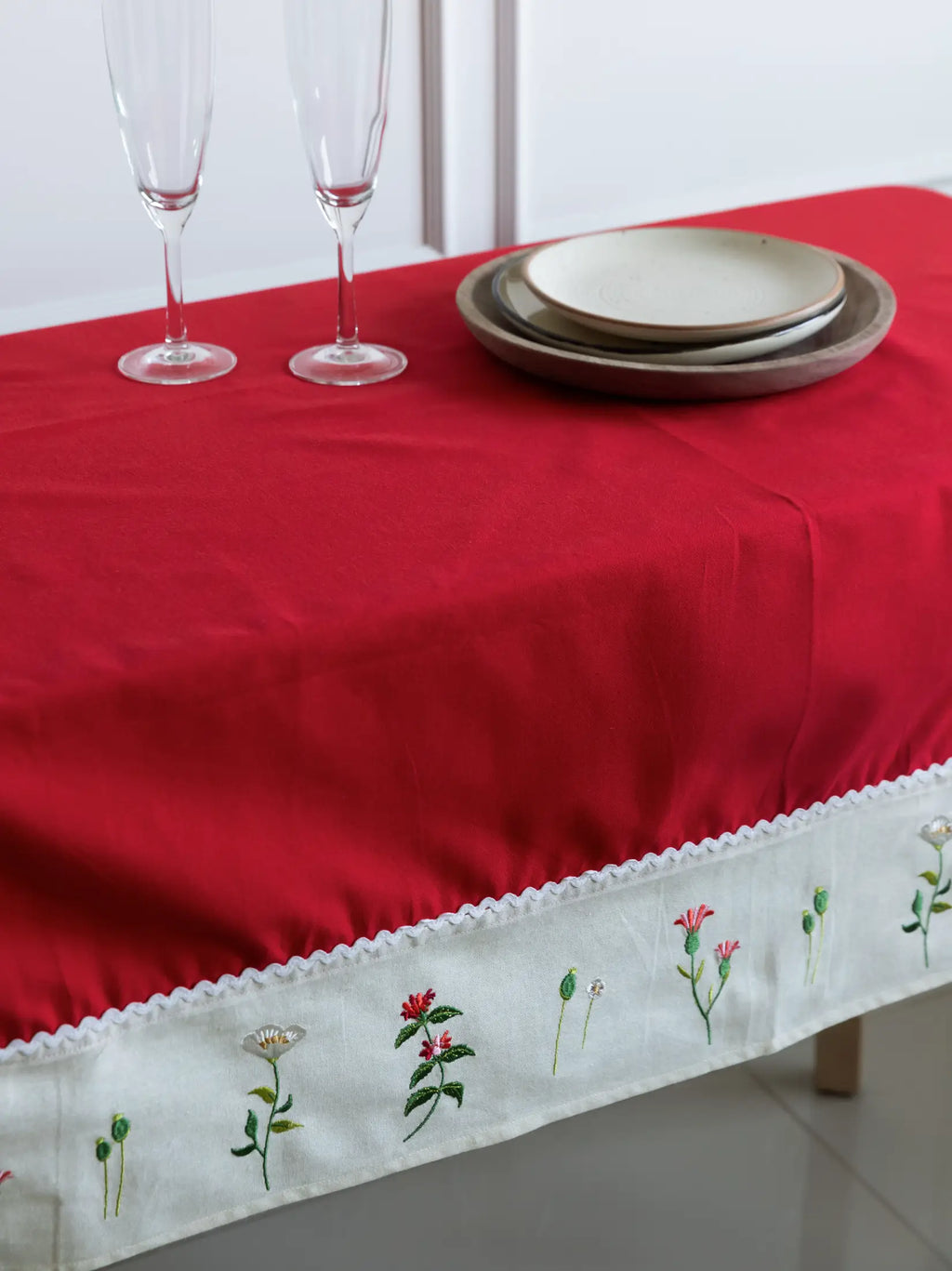 Wildflower Meadow Red Embroidered Table Cover – alternate view