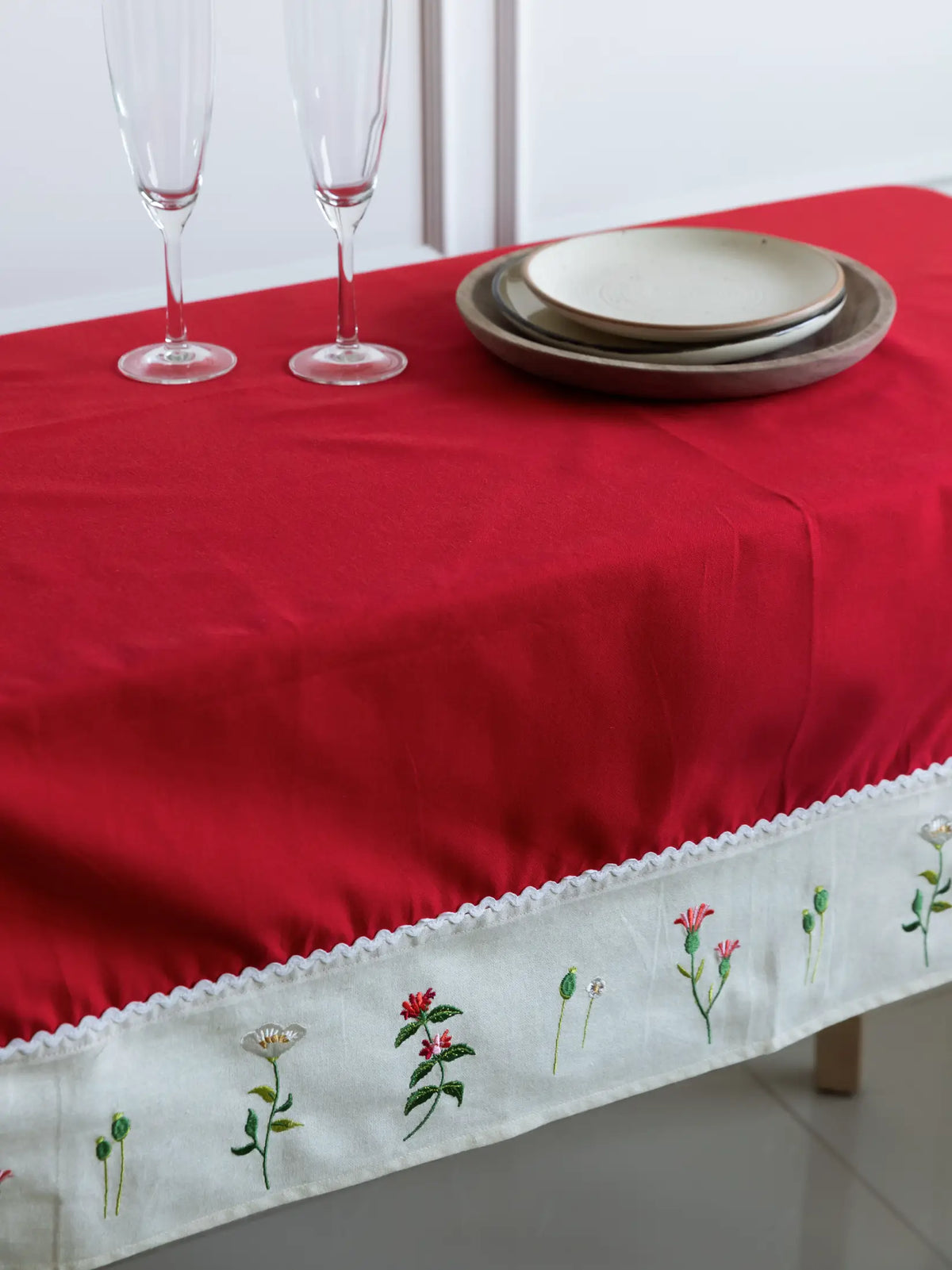 Wildflower Meadow Red Embroidered Table Cover – alternate view