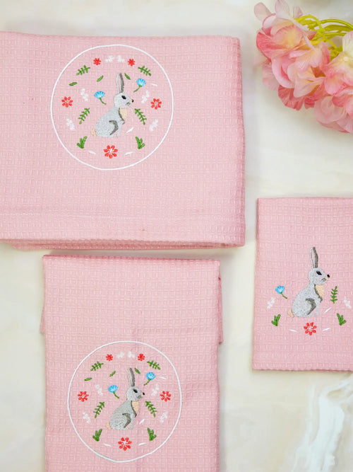 Bunny Blush Pink Waffle Towel Set - Bath, Hand & Face Towel