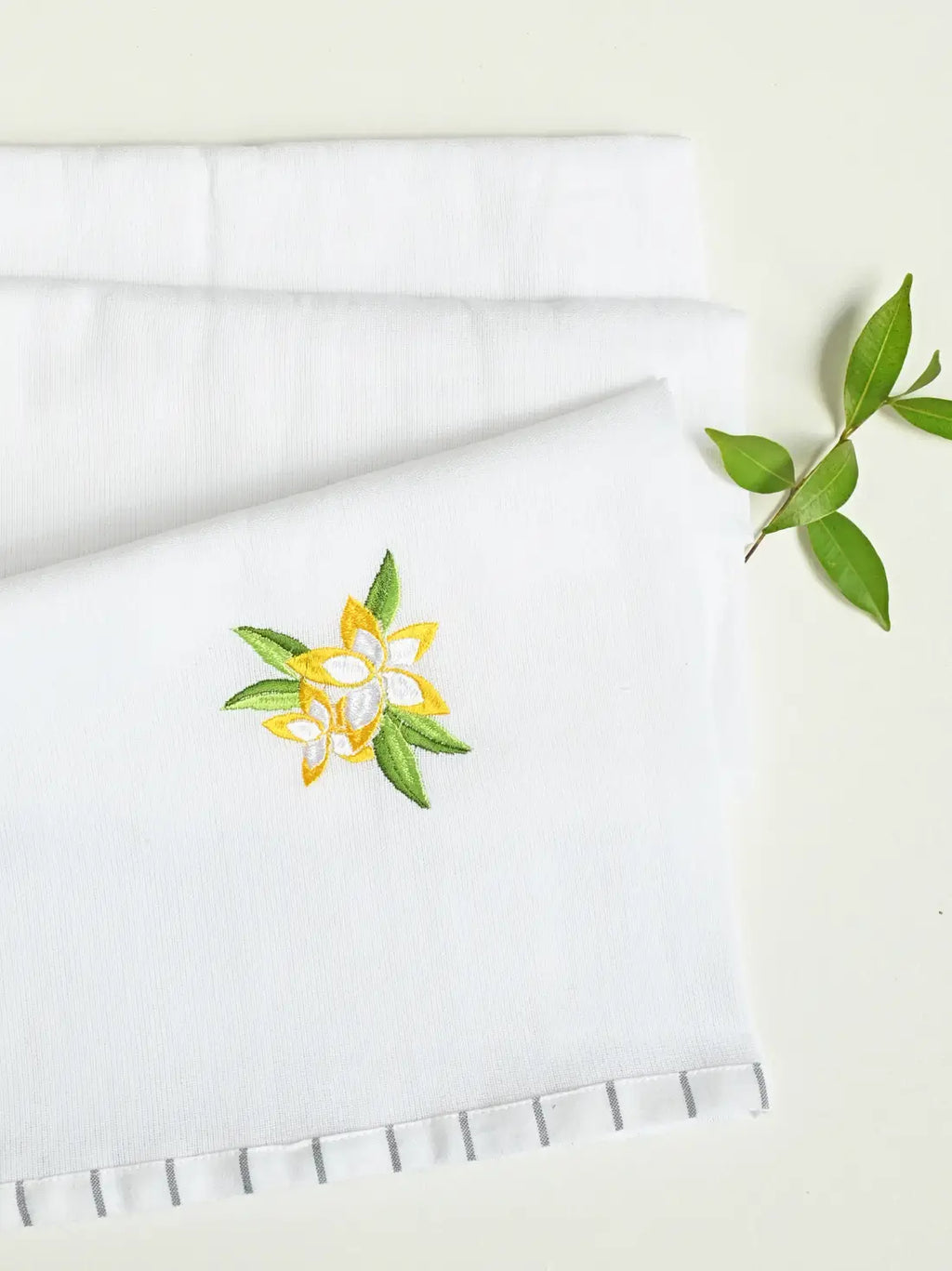 White Kerala Thorthu towel with yellow flower embroidery and grey striped border